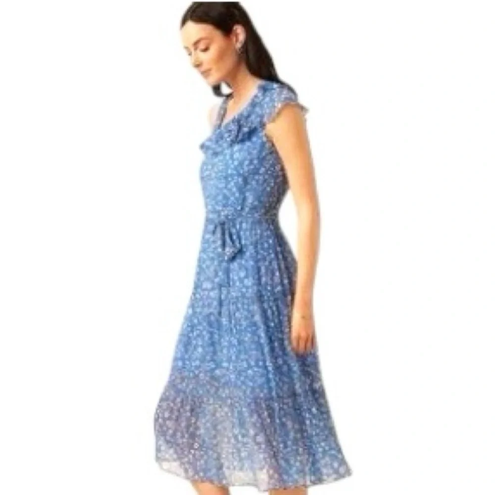 Amour Vert Women’s XS Blue Floral Ruffled Tiered Sleeveless Midi Silk Dress - Picture 2 of 10